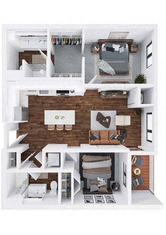 Floor plan for 2 beds, 2 baths, 947 sqft
